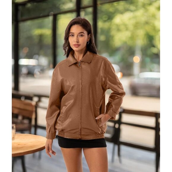 Women's Brown Oversized Faux Leather Fashion Zip Up Motorcycle Loose Fit Jacket - Picture 4 of 6